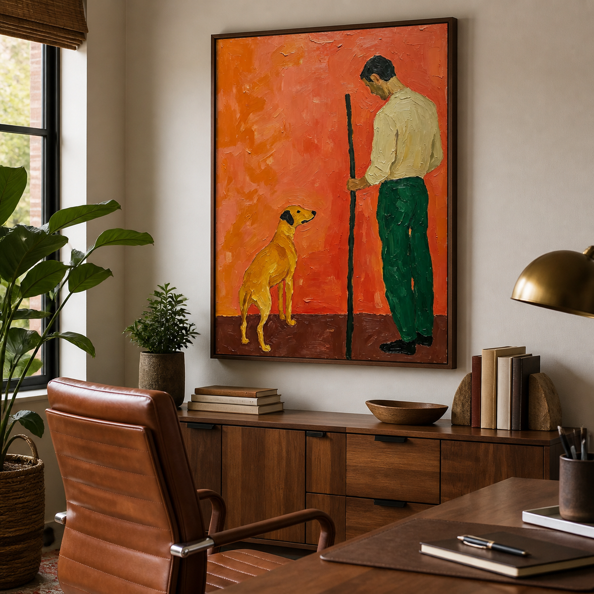 Man and dog wall art with a standing figure in green pants and a golden dog displayed above a sofa.