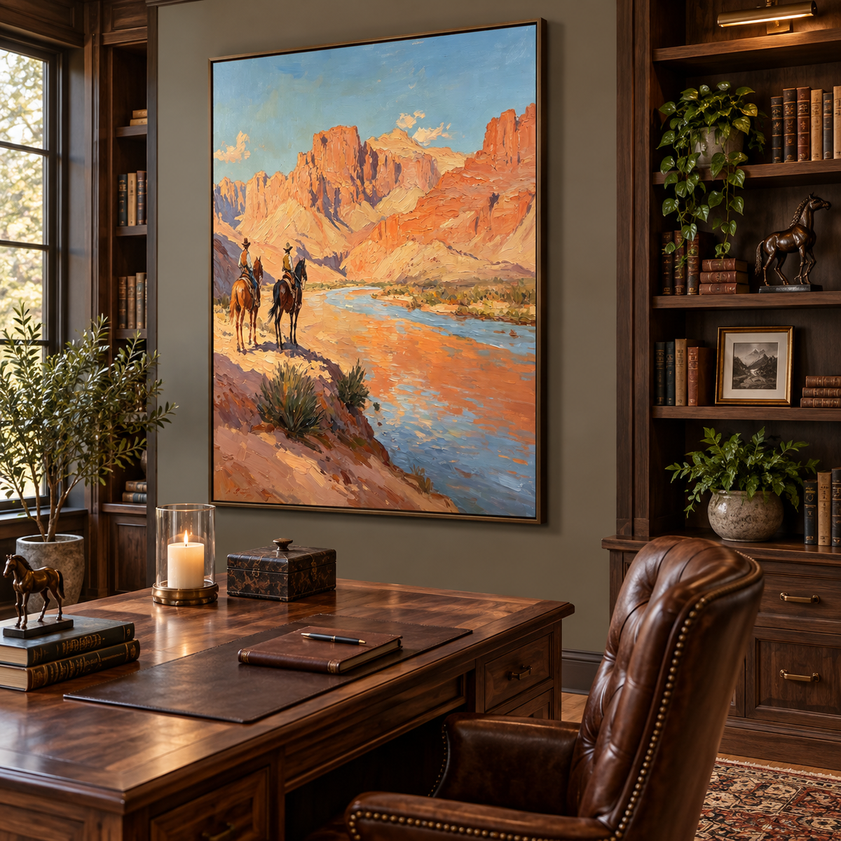 Two cowboys on horseback overlooking a blue river beneath towering sunlit red canyon cliffs.