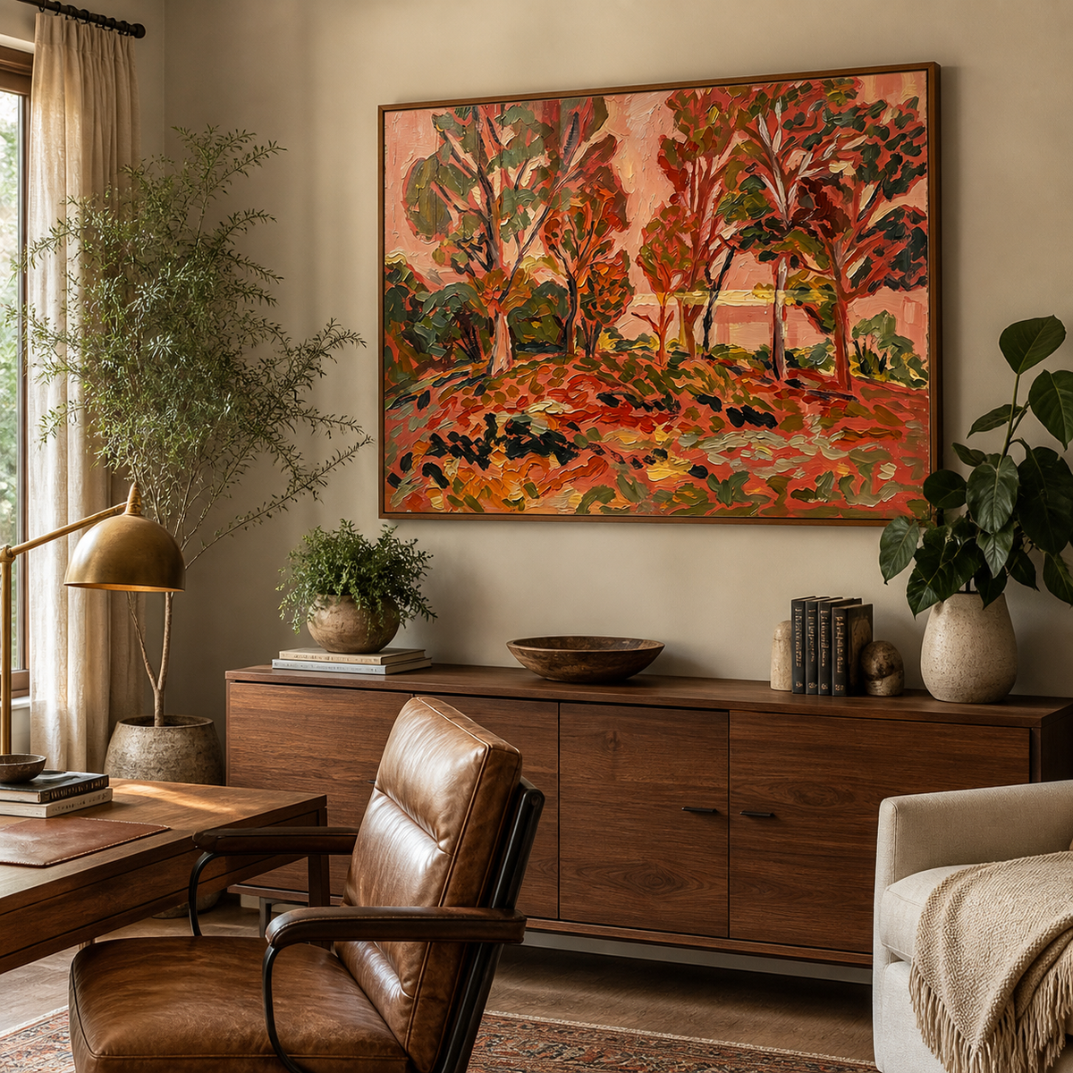 Red forest wall art with colorful autumn trees and warm orange ground displayed above a neutral sofa.
