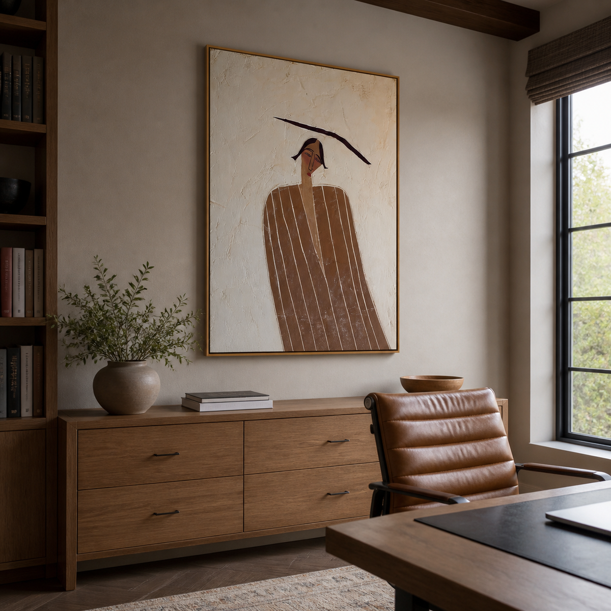 Minimalist man portrait wall art with a brown striped garment and long black hat above a wooden entryway console.
