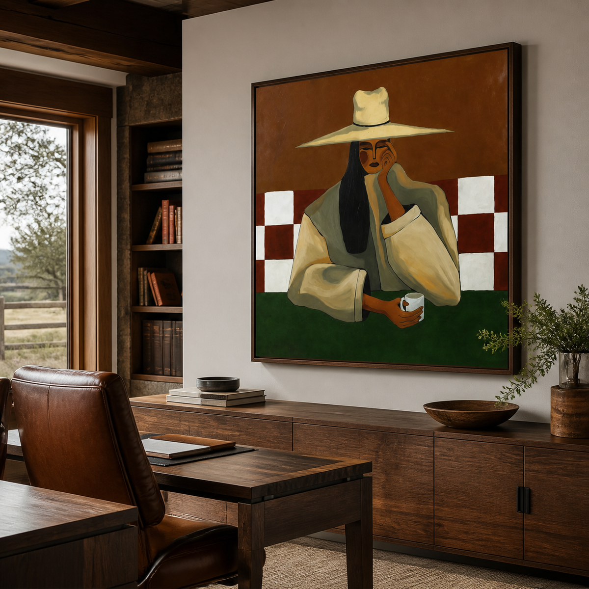 Seated cowboy wall art with a cream hat and coffee cup displayed above a wooden entryway console.