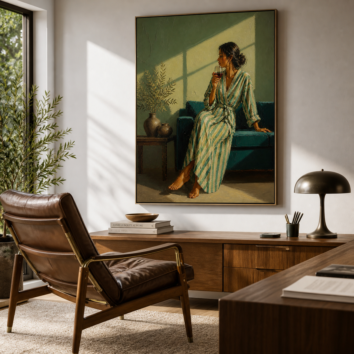 Woman drinking wine wall art featuring a barefoot figure in a striped robe seated on a teal sofa in warm window light.