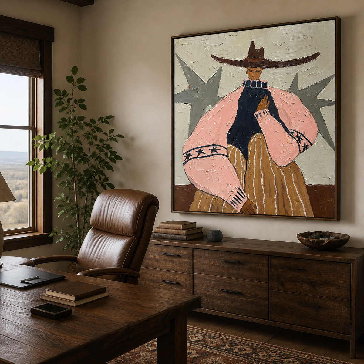 Western woman wall art with a wide brown hat, pink sleeves and ochre skirt displayed above a leather sofa.