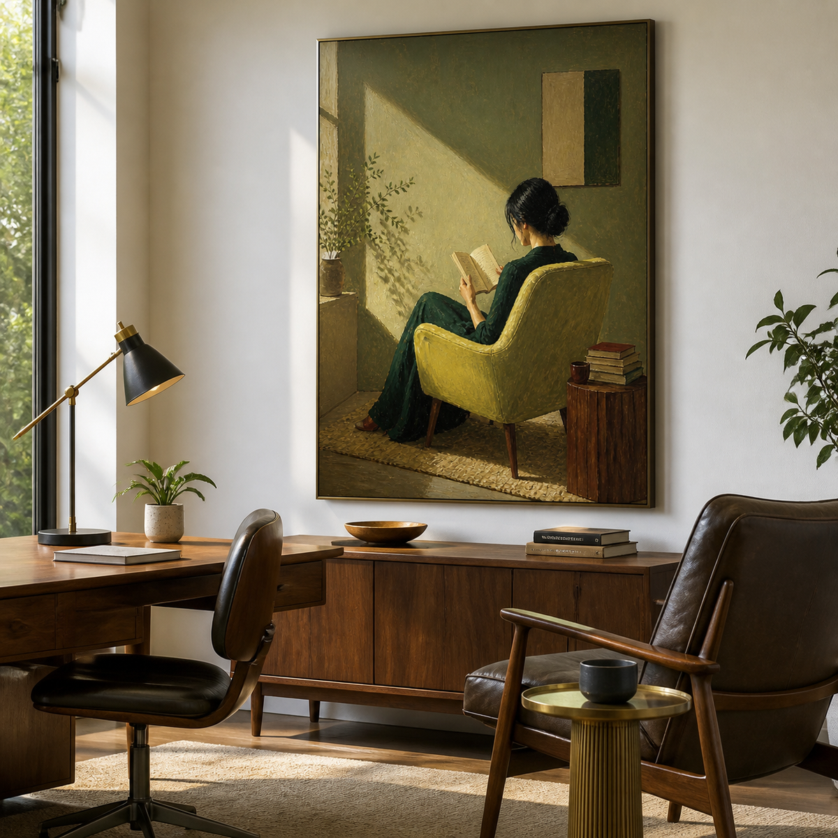 Woman reading wall art showing the back view of a reader in a dark green dress seated in a chartreuse chair with books nearby.