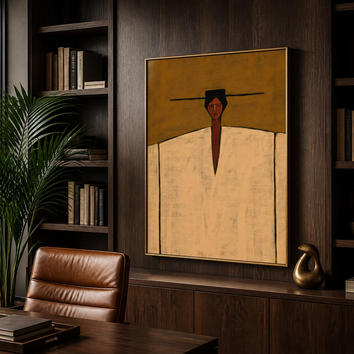 Western cowboy portrait with a long black hat and ivory garment displayed above a neutral living room sofa.
