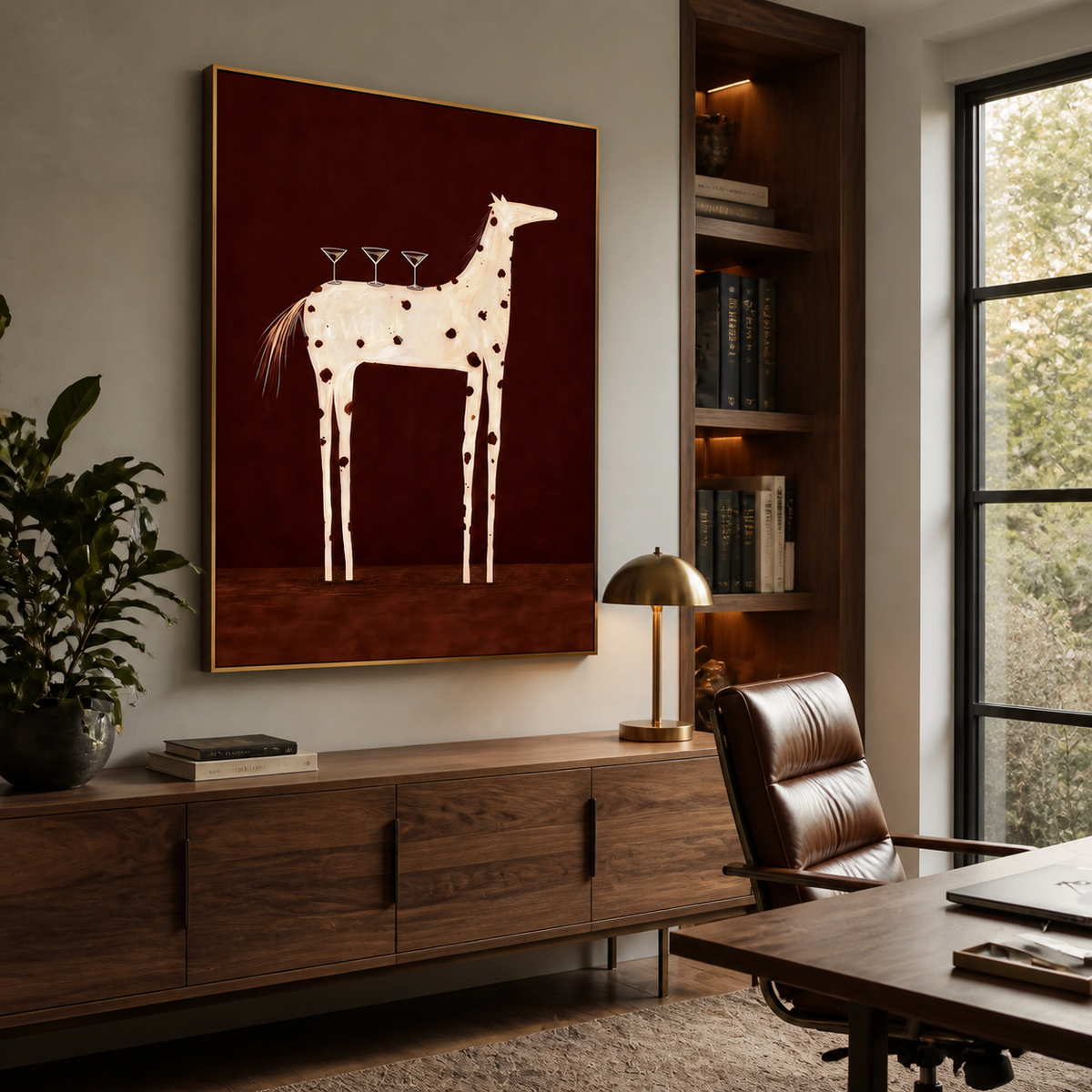 White spotted horse wall art with three cocktail glasses displayed above a wooden entryway console.