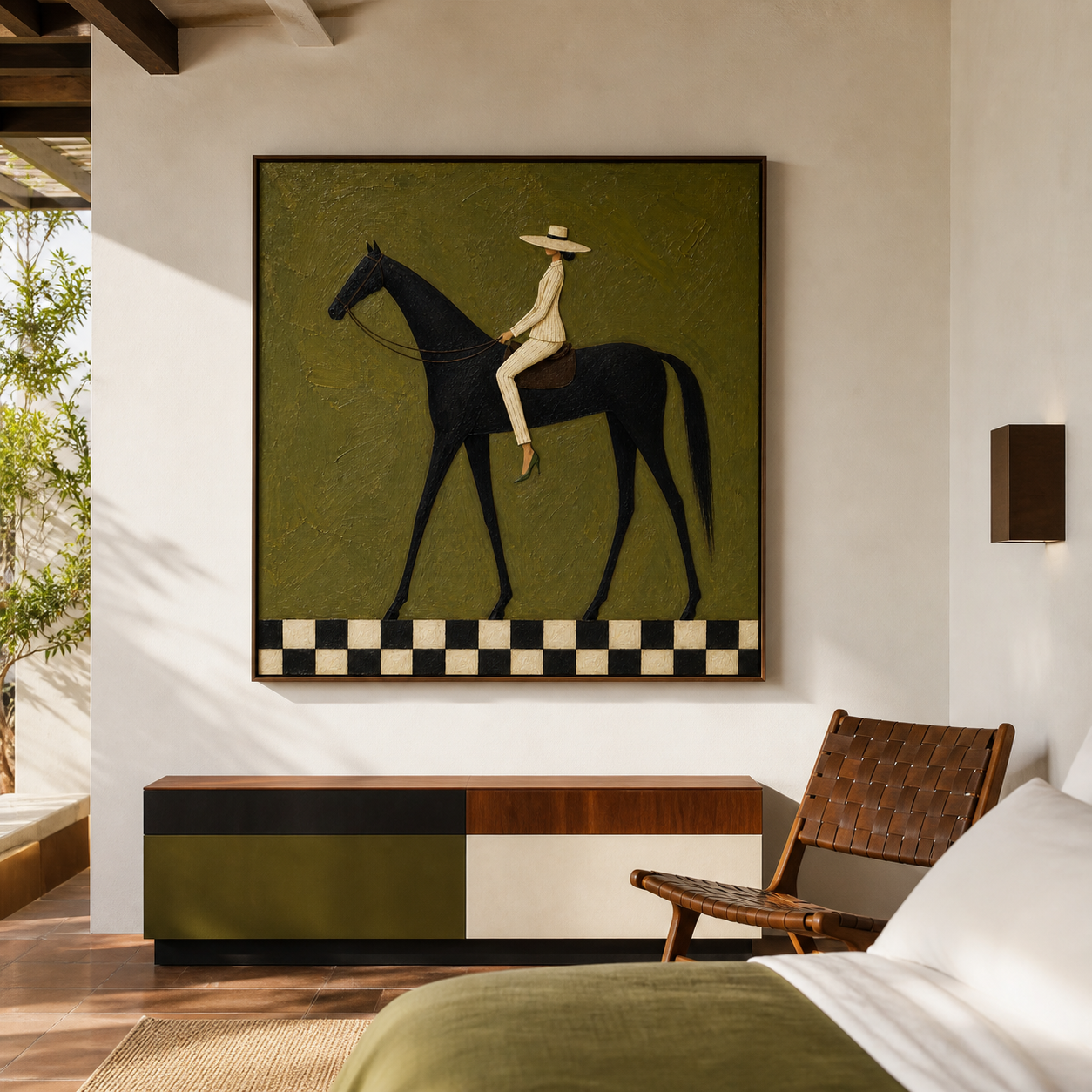 Vintage Americana horse wall art featuring a woman in a striped cream suit riding a black horse above a black-and-white checkerboard border.
