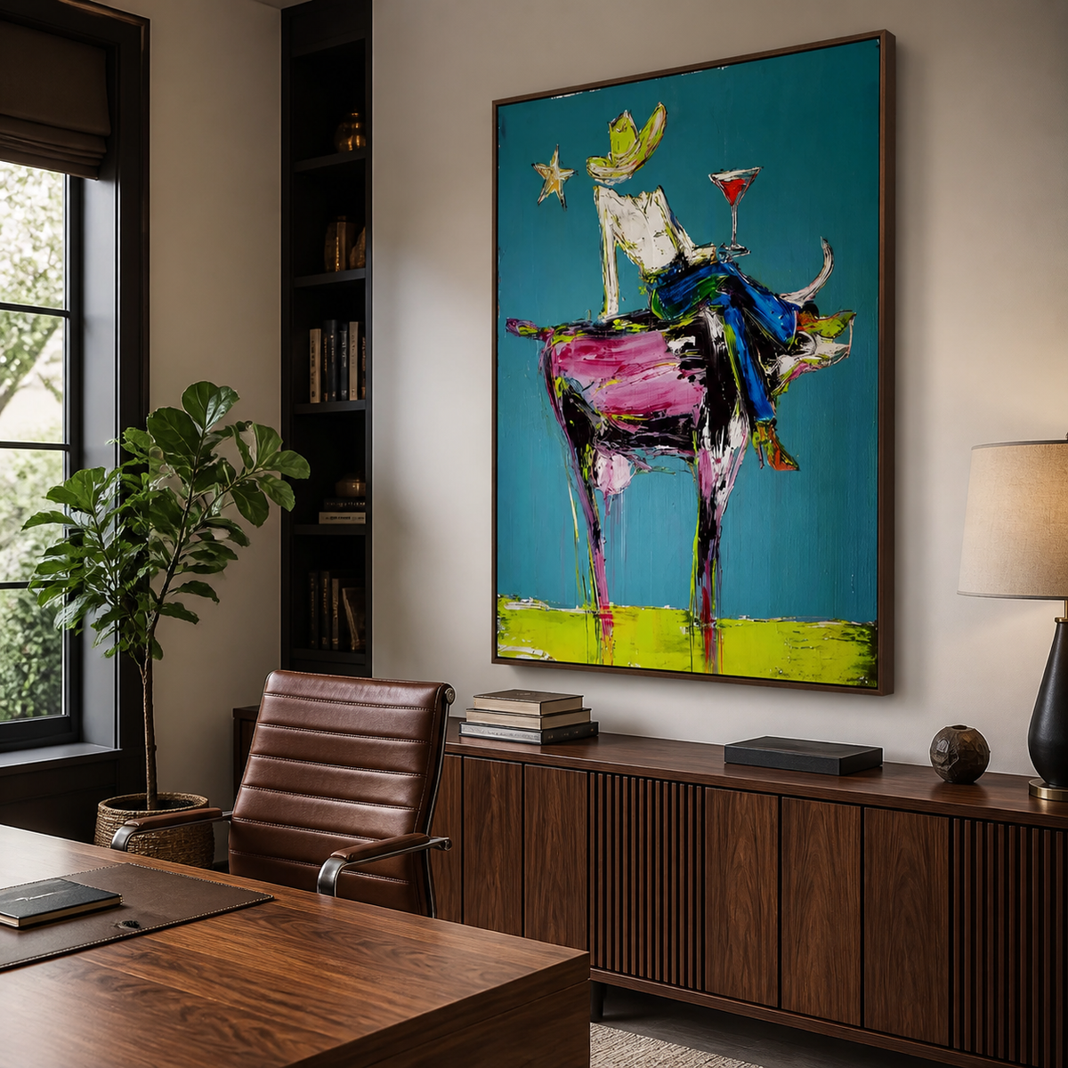 Colorful cowboy riding bull wall art on a turquoise background displayed above a wooden entryway console.