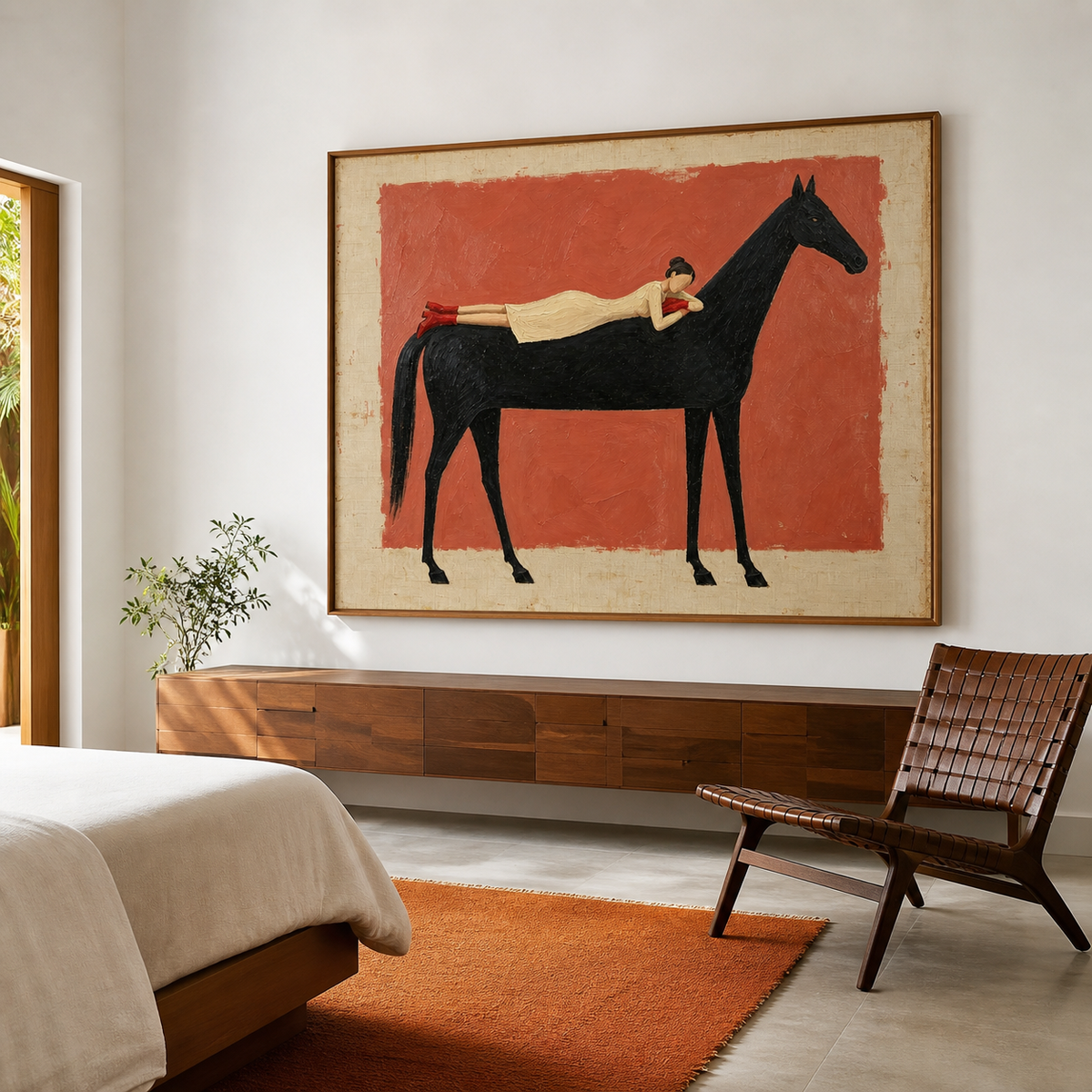 Vintage Americana woman and horse wall art featuring a woman in a cream dress and red boots resting on a black horse against a coral background.