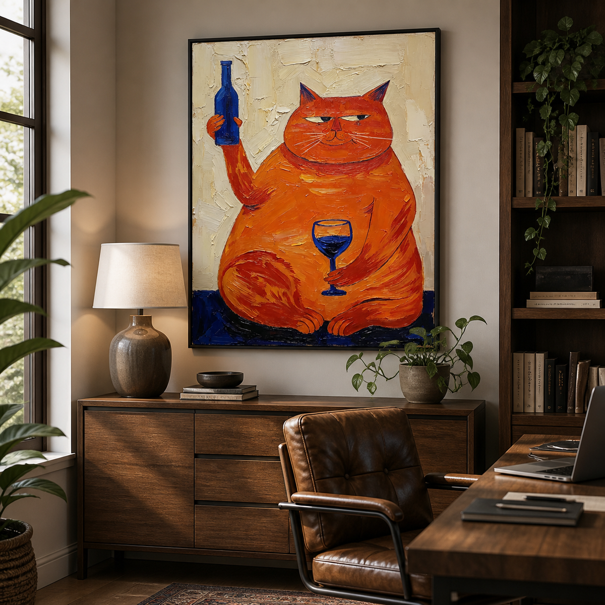 Funny orange cat wall art showing a plump cat holding a blue bottle beside a wine glass above a sofa.