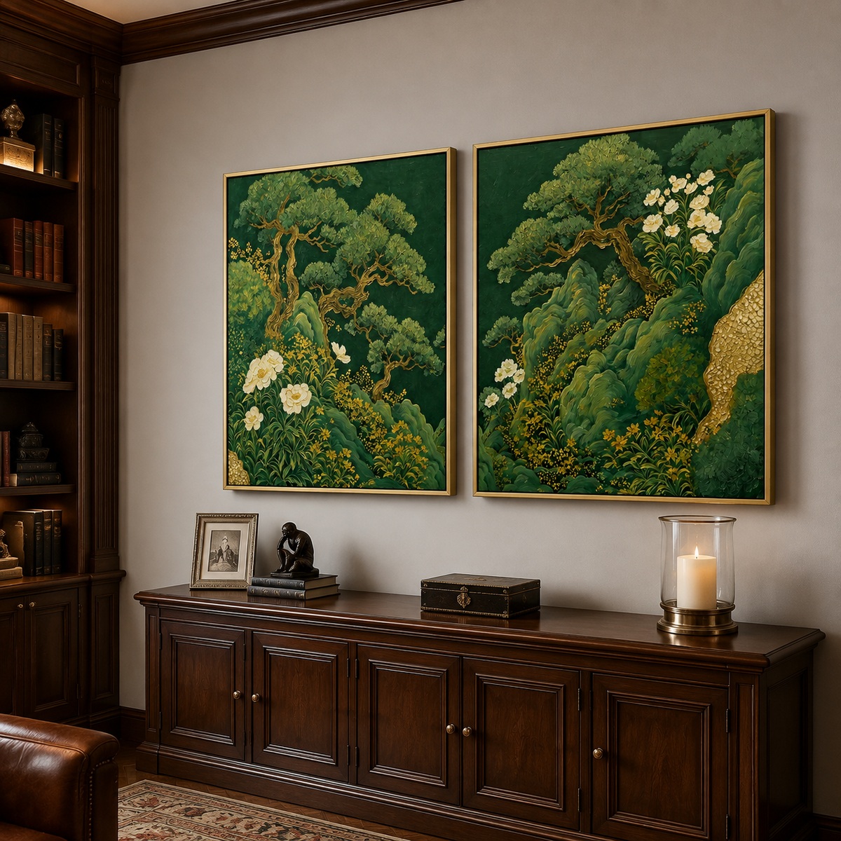Green Botanical Wall Art Set | Emerald Garden Diptych