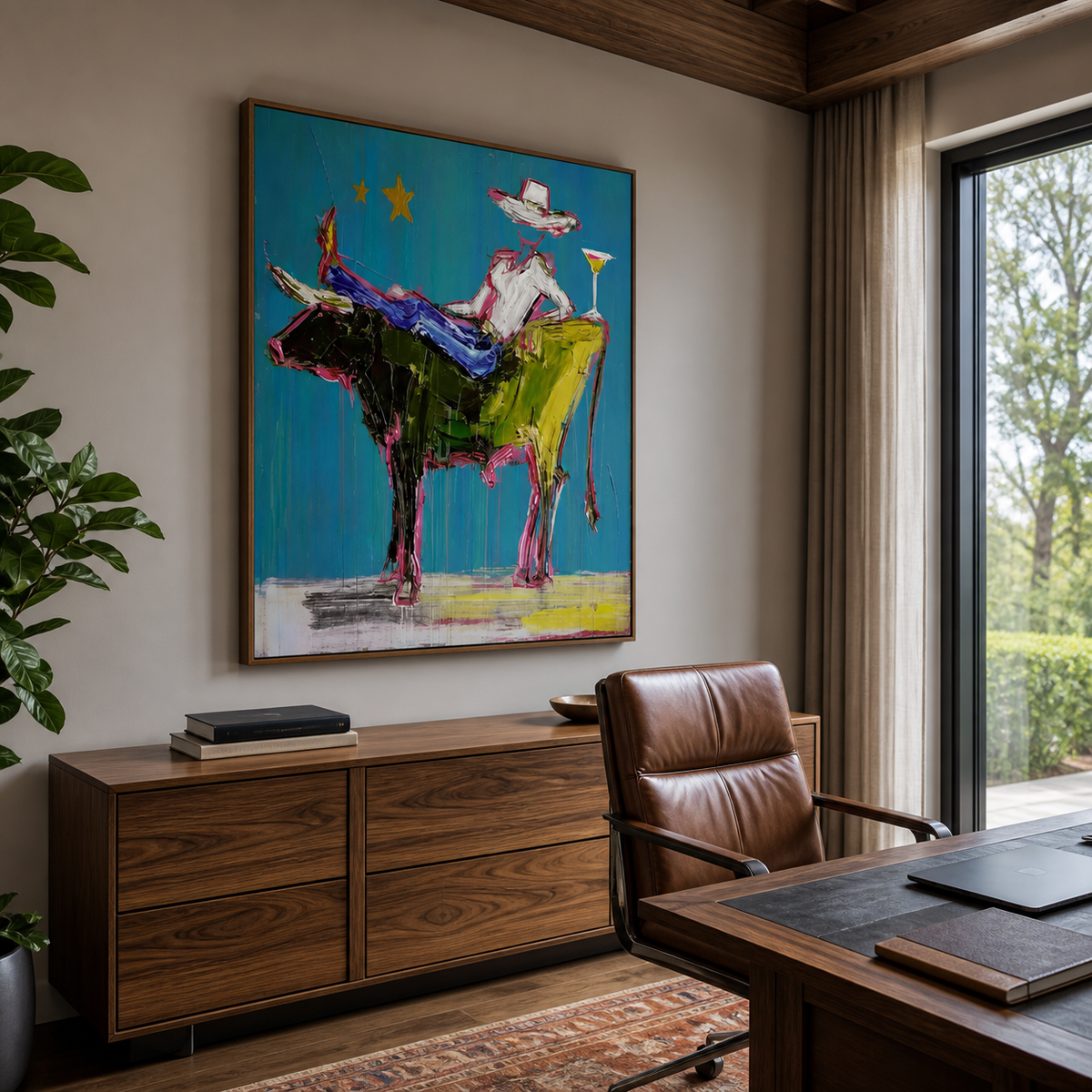 Colorful cowboy rodeo wall art with a rider on a turquoise and magenta bull displayed above an entryway console.