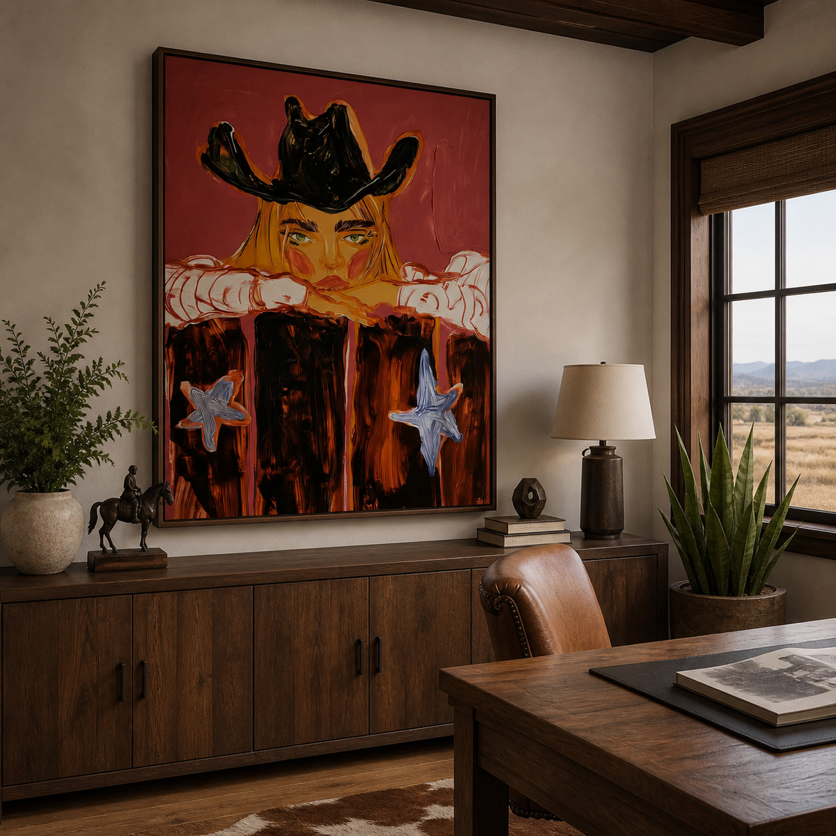 Cowgirl portrait wall art showing a blonde woman resting beneath a black cowboy hat on a red background above an entryway console.