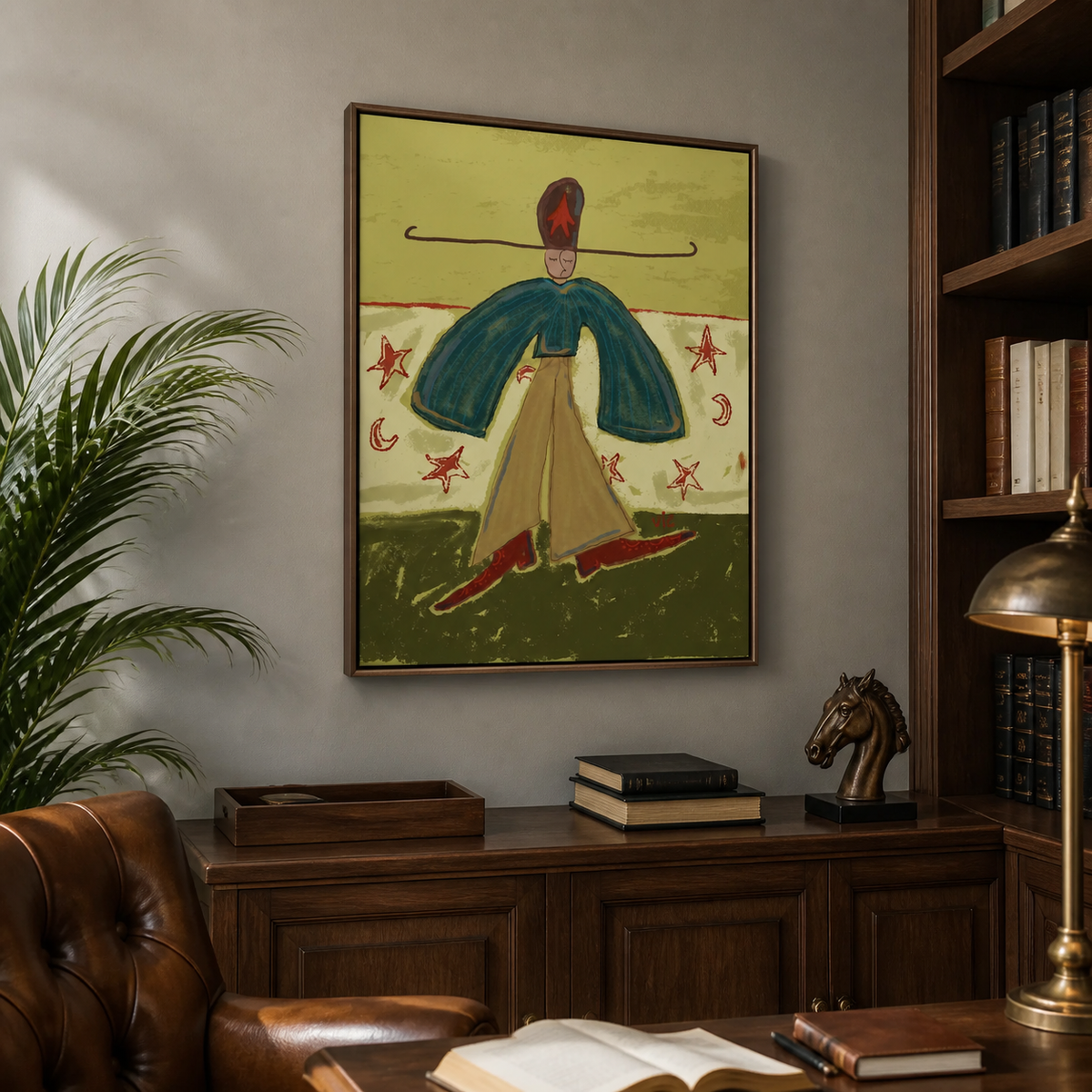 Colorful Western woman wall art with a teal cape, golden skirt and star motifs displayed above a neutral living room sofa.