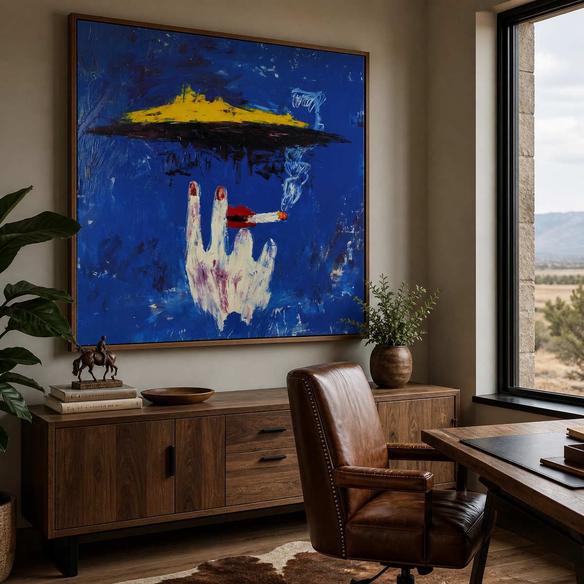 Square blue Western surreal wall art with a pale hand holding a cigarette beneath a yellow hat displayed above an entryway console.