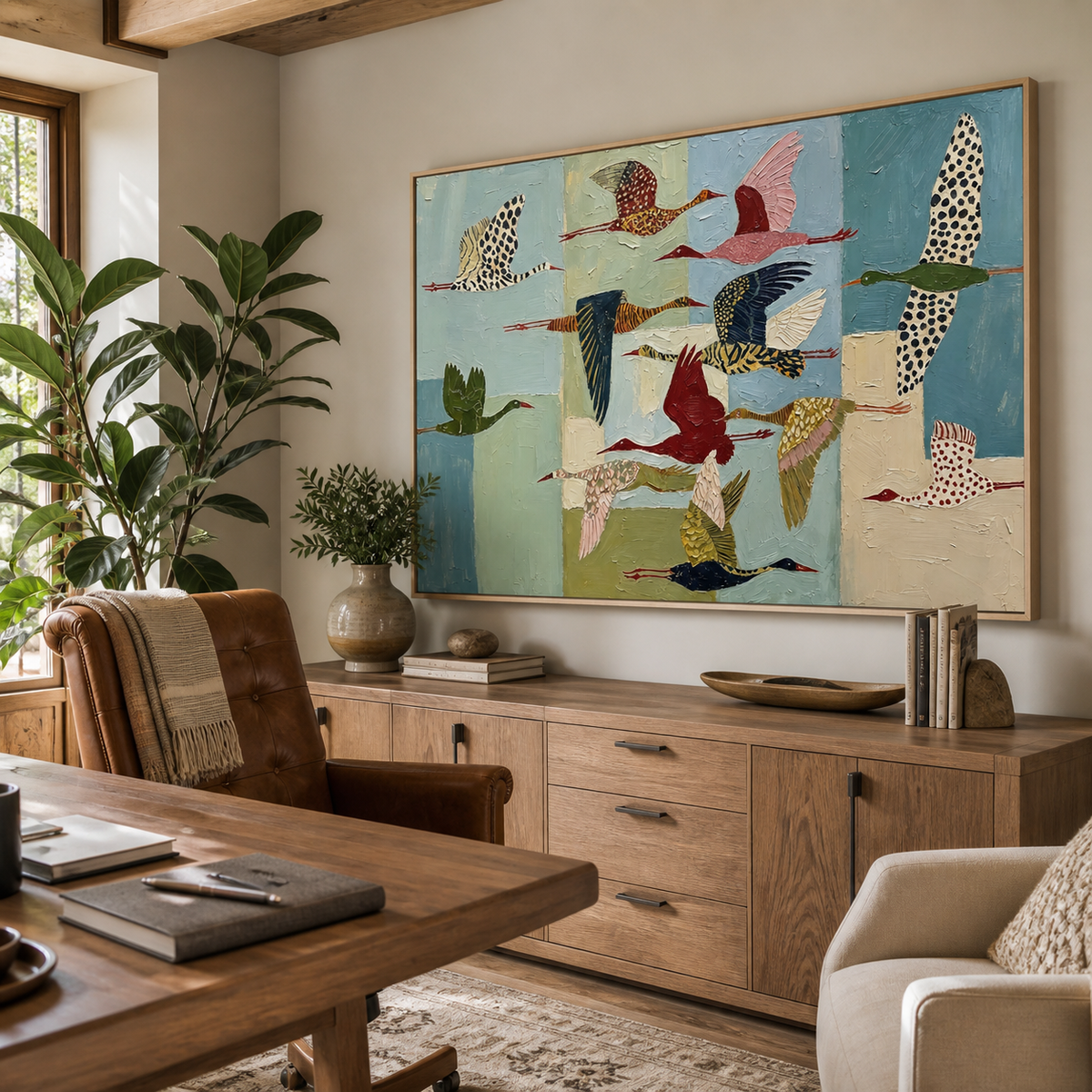 Colorful flying birds wall art with a patterned flock crossing a blue and green background displayed above a sofa.