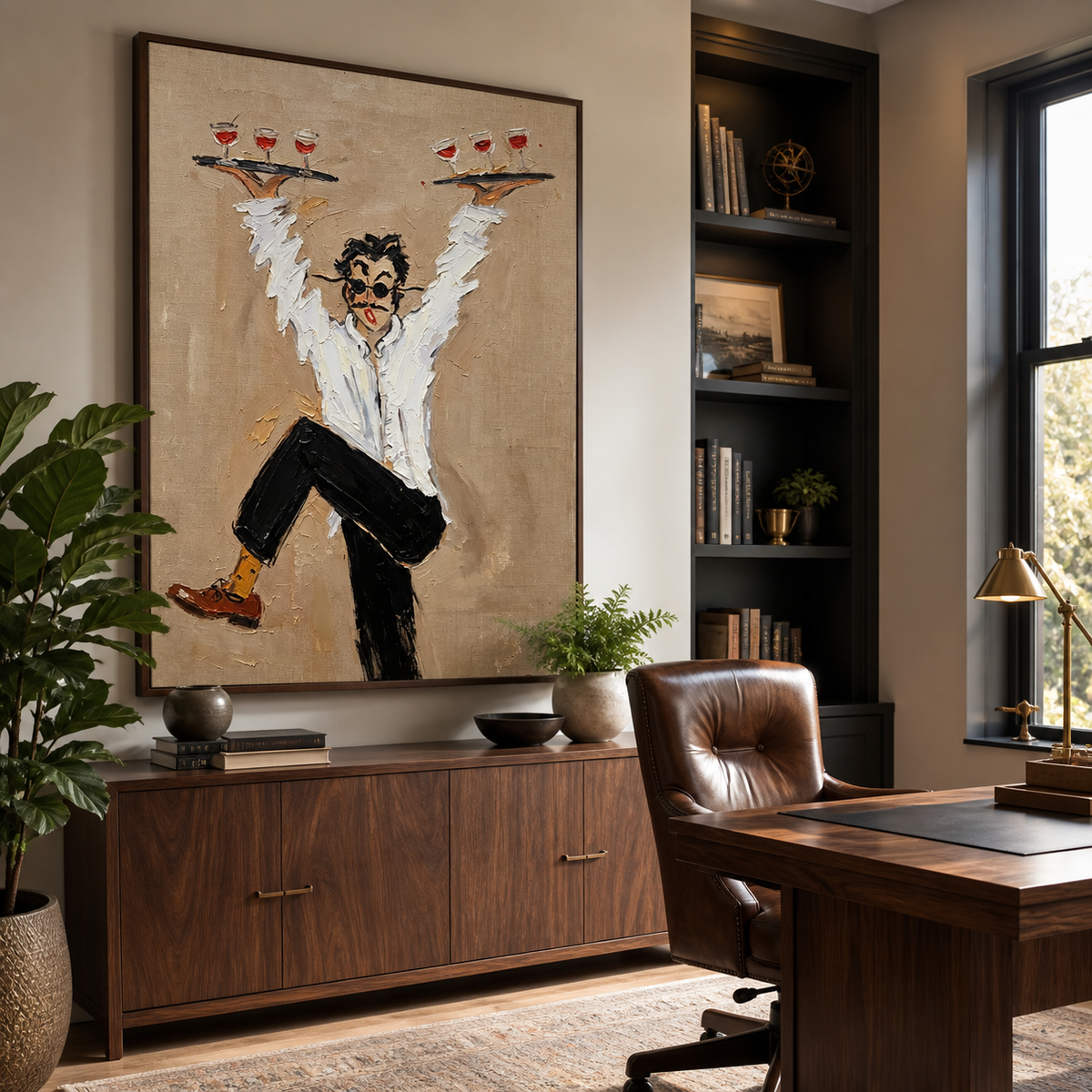 Funny waiter wall art showing a server balancing two trays of wine glasses displayed above a brown leather sofa.