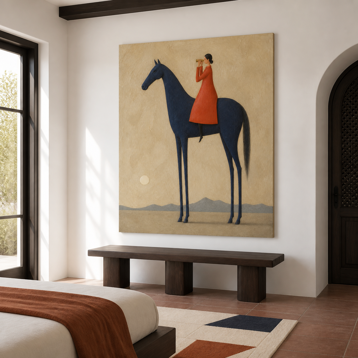 Vintage Americana horse wall art featuring a woman in an orange coat looking through a telescope while seated on a tall navy blue horse.