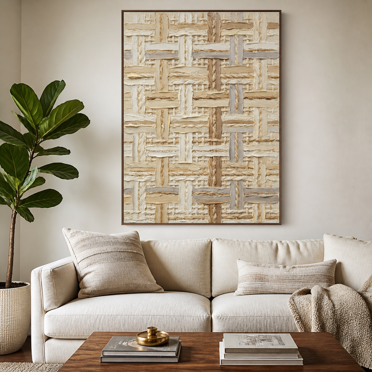 Vertical beige and cream textured abstract wall art with an interwoven geometric pattern.