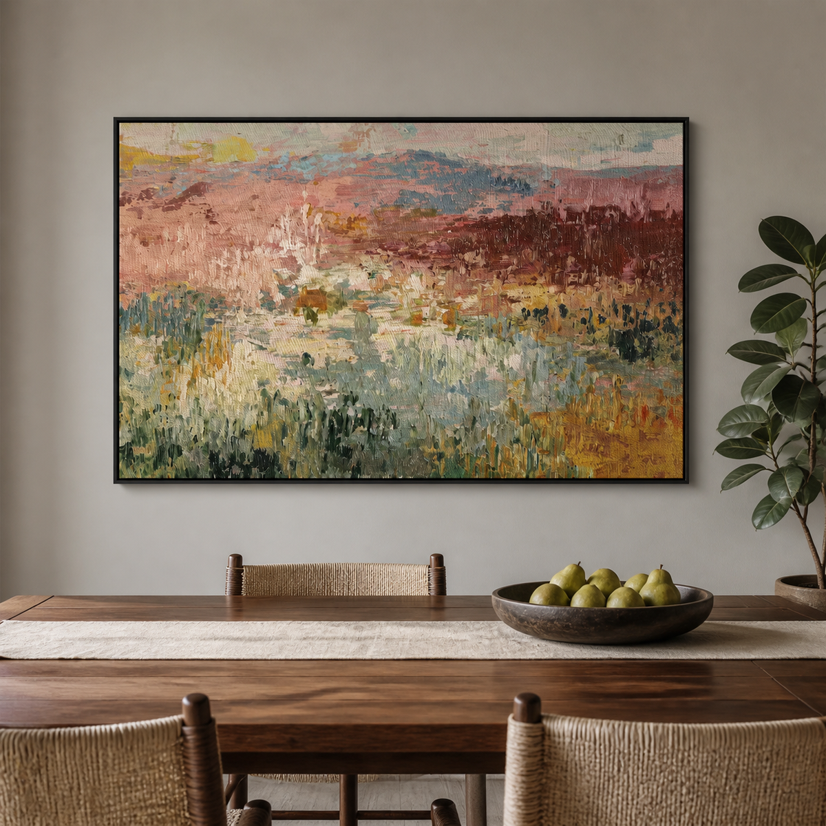 Abstract meadow wall art with textured sage green, dusty pink and ochre fields displayed above a neutral bedroom bed.