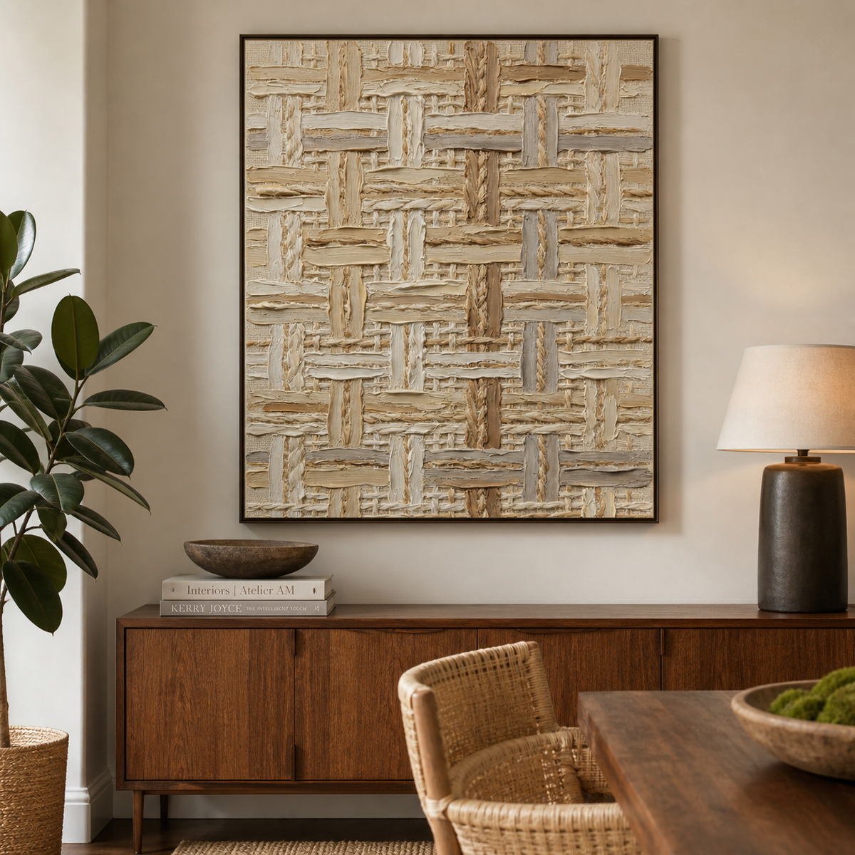 Vertical beige and cream textured abstract wall art with an interwoven geometric pattern.