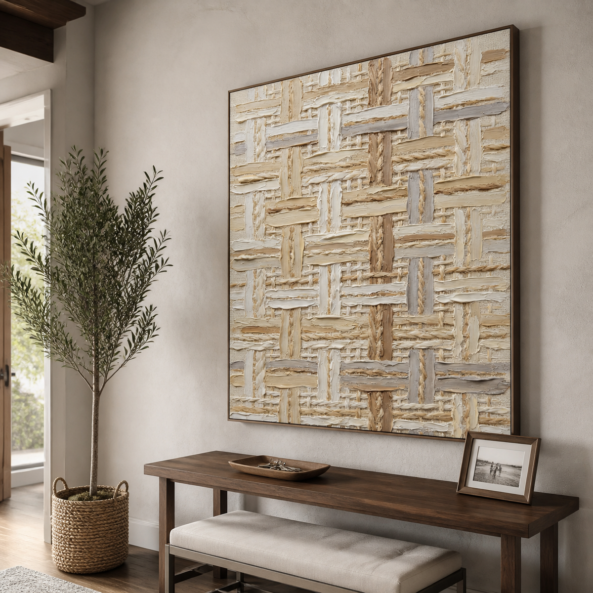 Vertical beige and cream textured abstract wall art with an interwoven geometric pattern.