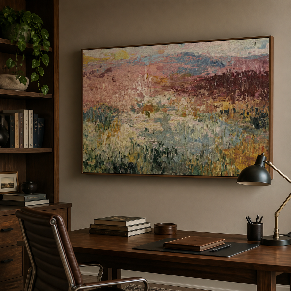 Abstract meadow wall art with textured sage green, dusty pink and ochre fields displayed above a neutral bedroom bed.