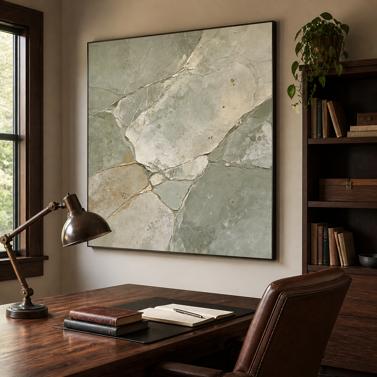 Square sage green and beige textured abstract wall art with organic stone-inspired shapes.