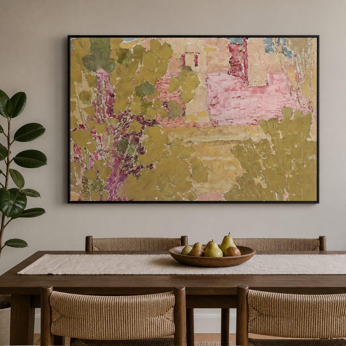 Pink and olive green textured abstract wall art with garden-inspired forms displayed above a wooden dining table.