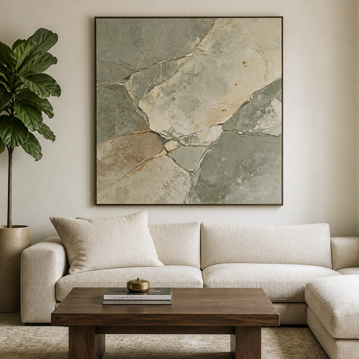 Square sage green and beige textured abstract wall art with organic stone-inspired shapes.