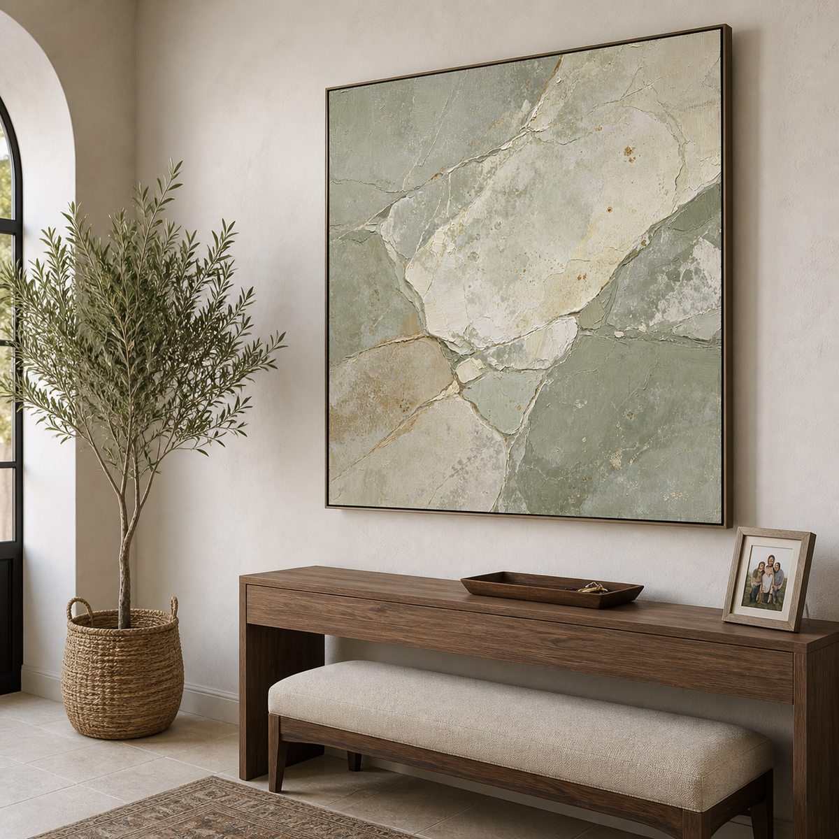 Square sage green and beige textured abstract wall art with organic stone-inspired shapes.