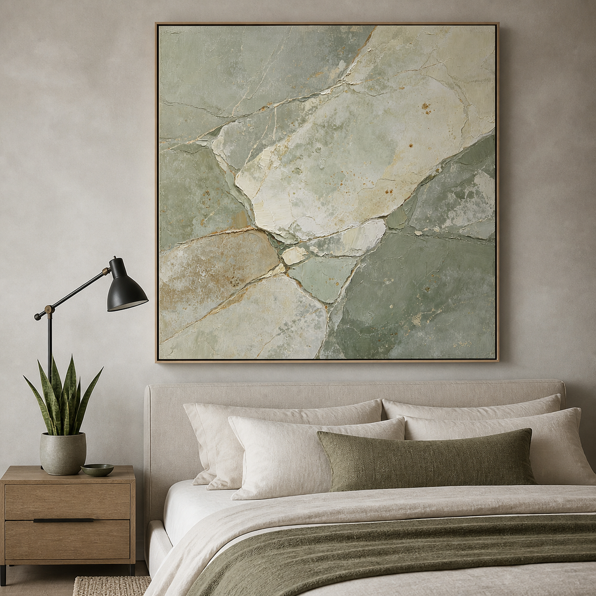 Square sage green and beige textured abstract wall art with organic stone-inspired shapes.