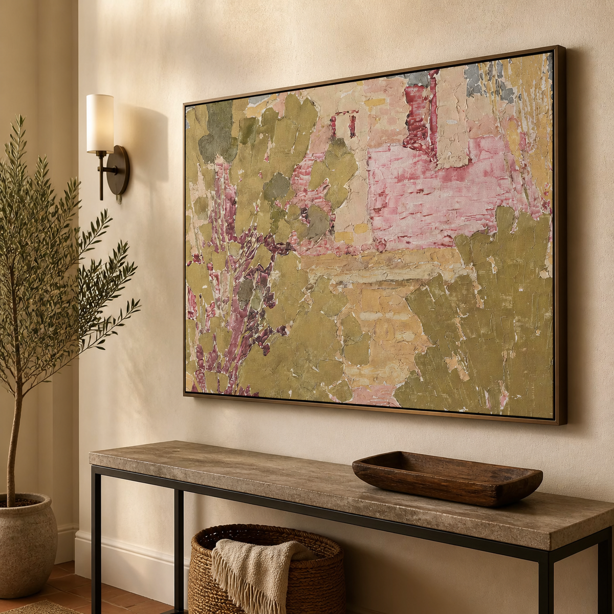 Pink and olive green textured abstract wall art with garden-inspired forms displayed above a wooden dining table.