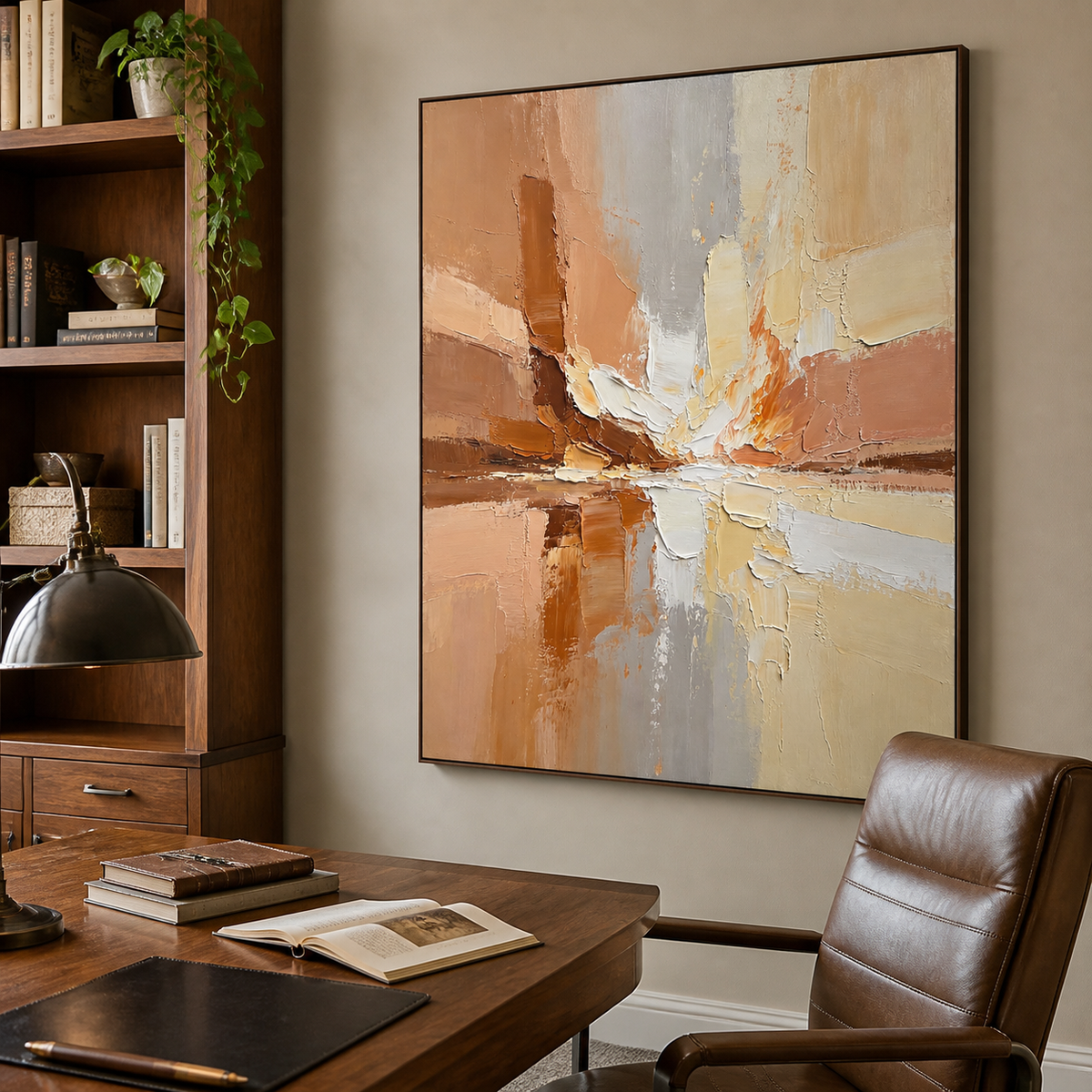 Neutral textured abstract wall art with intersecting terracotta, cream, pale gray, peach, and brown palette-knife forms.