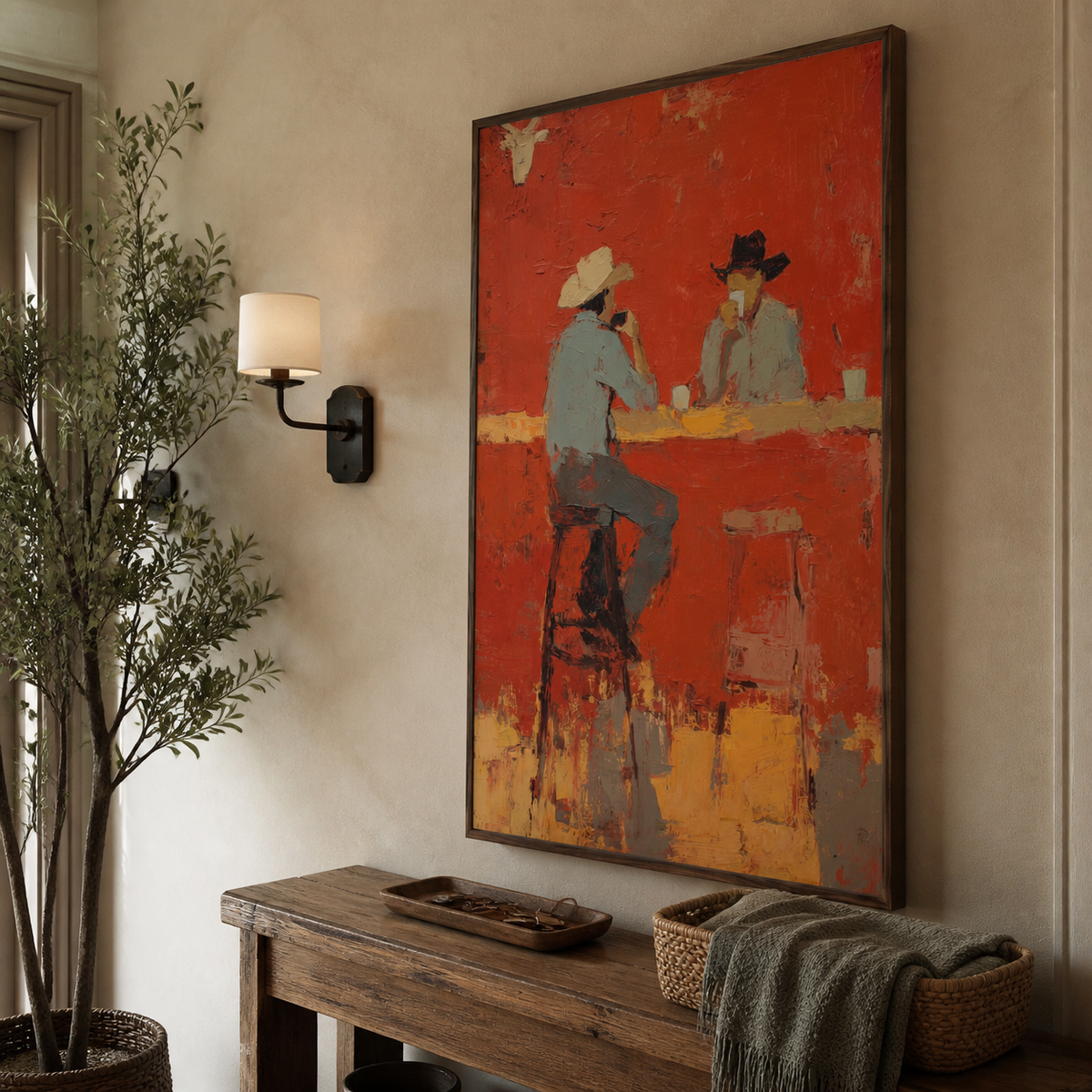 Vertical Western cowboy wall art showing two hat-wearing figures at a red-orange bar, displayed above a neutral living room sofa.