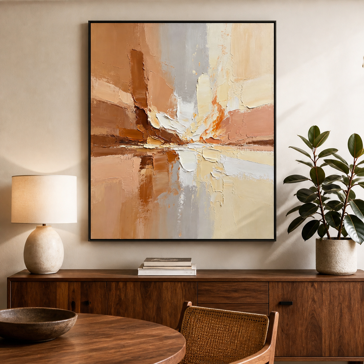 Neutral textured abstract wall art with intersecting terracotta, cream, pale gray, peach, and brown palette-knife forms.