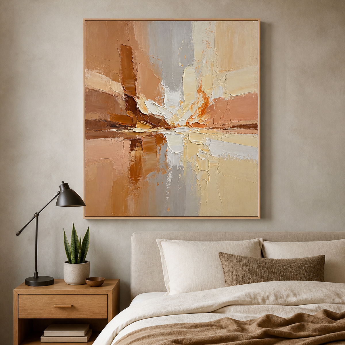Neutral textured abstract wall art with intersecting terracotta, cream, pale gray, peach, and brown palette-knife forms.