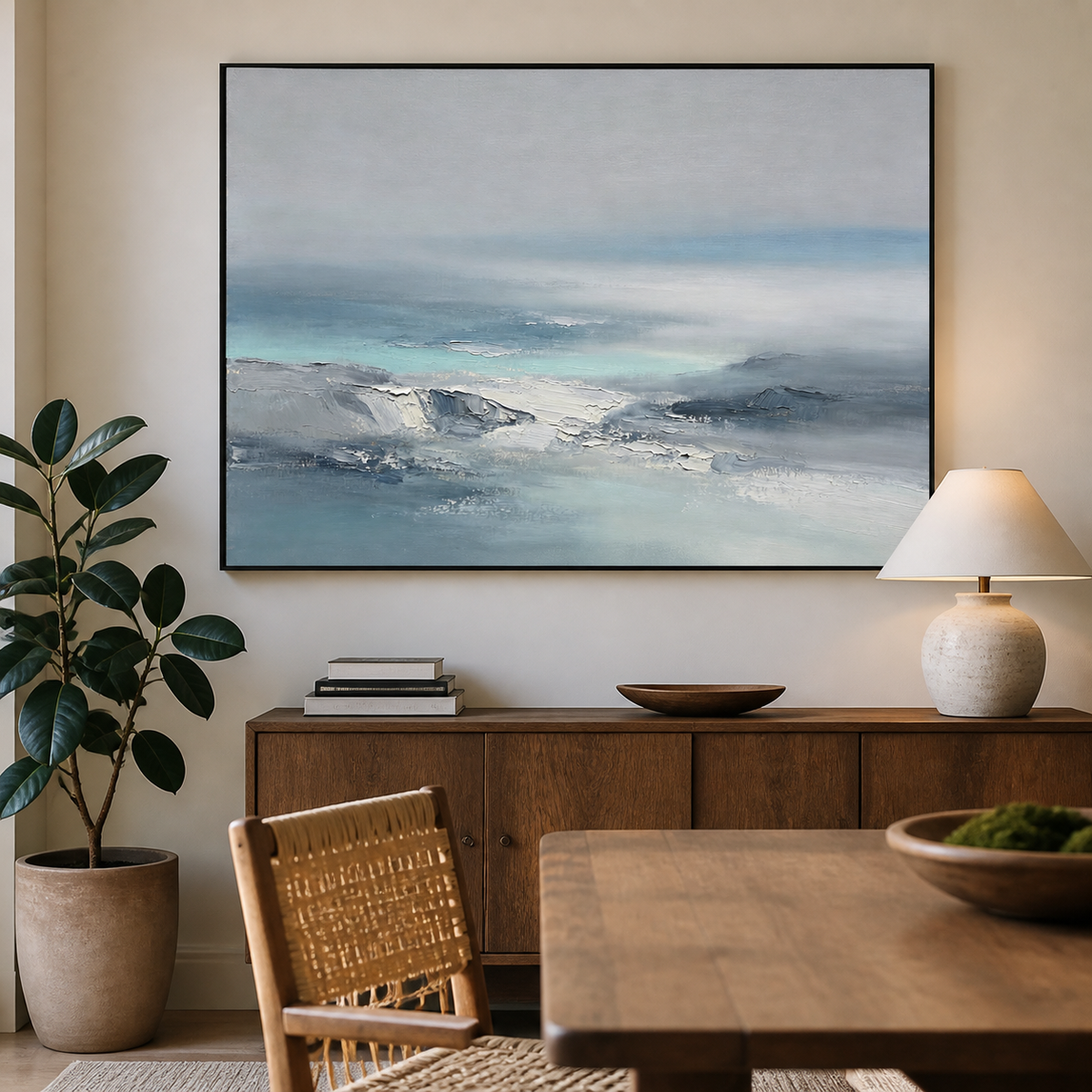 Blue-gray abstract seascape wall art featuring textured ocean waves fading into a soft misty horizon.