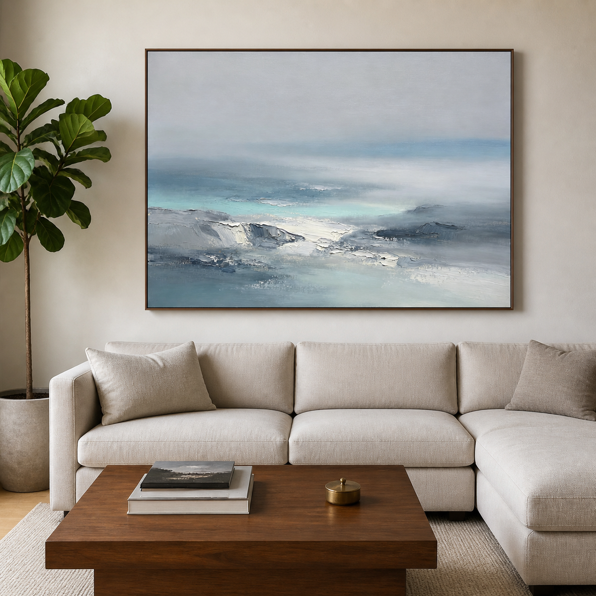 Blue-gray abstract seascape wall art featuring textured ocean waves fading into a soft misty horizon.