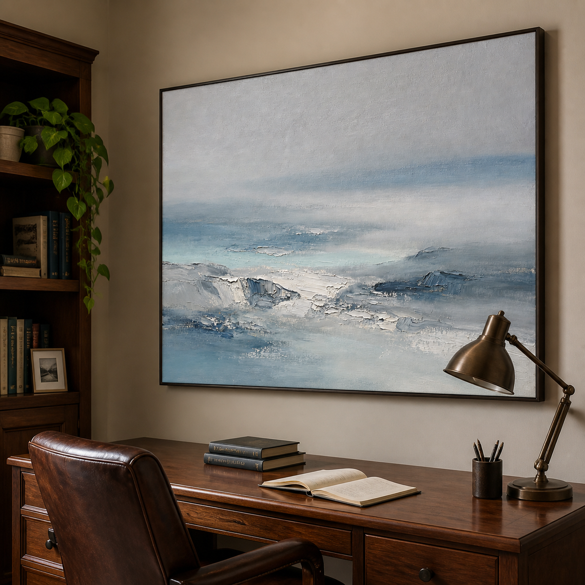 Blue-gray abstract seascape wall art featuring textured ocean waves fading into a soft misty horizon.