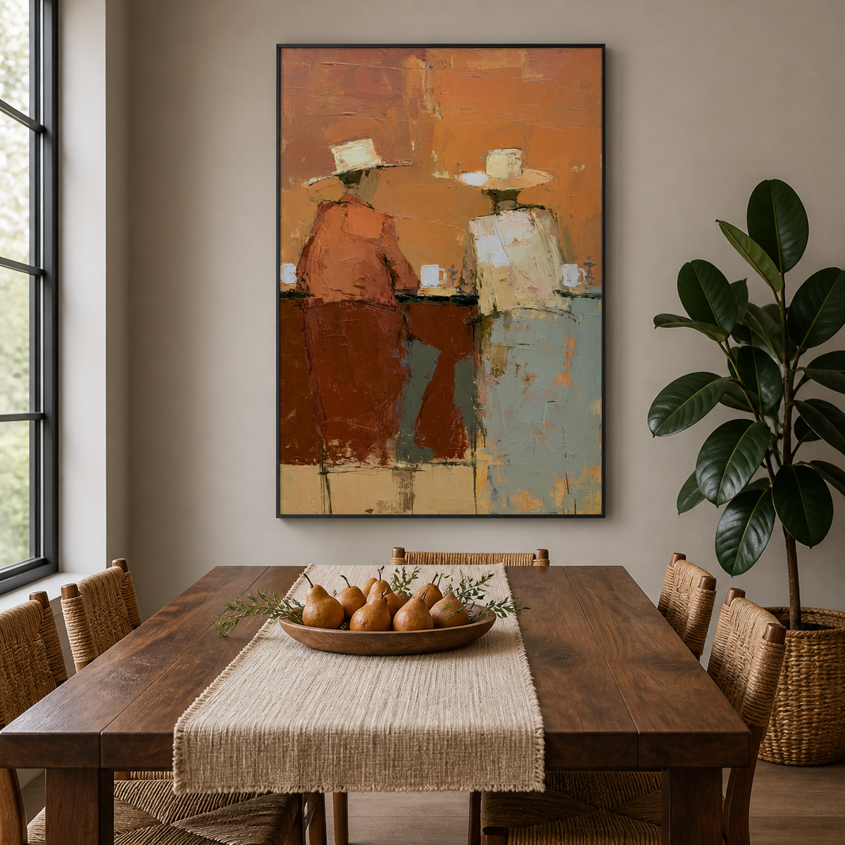 Vertical Western wall art showing two cowboys seated at a bar in orange, cream and pale blue, displayed above a wooden dining table.