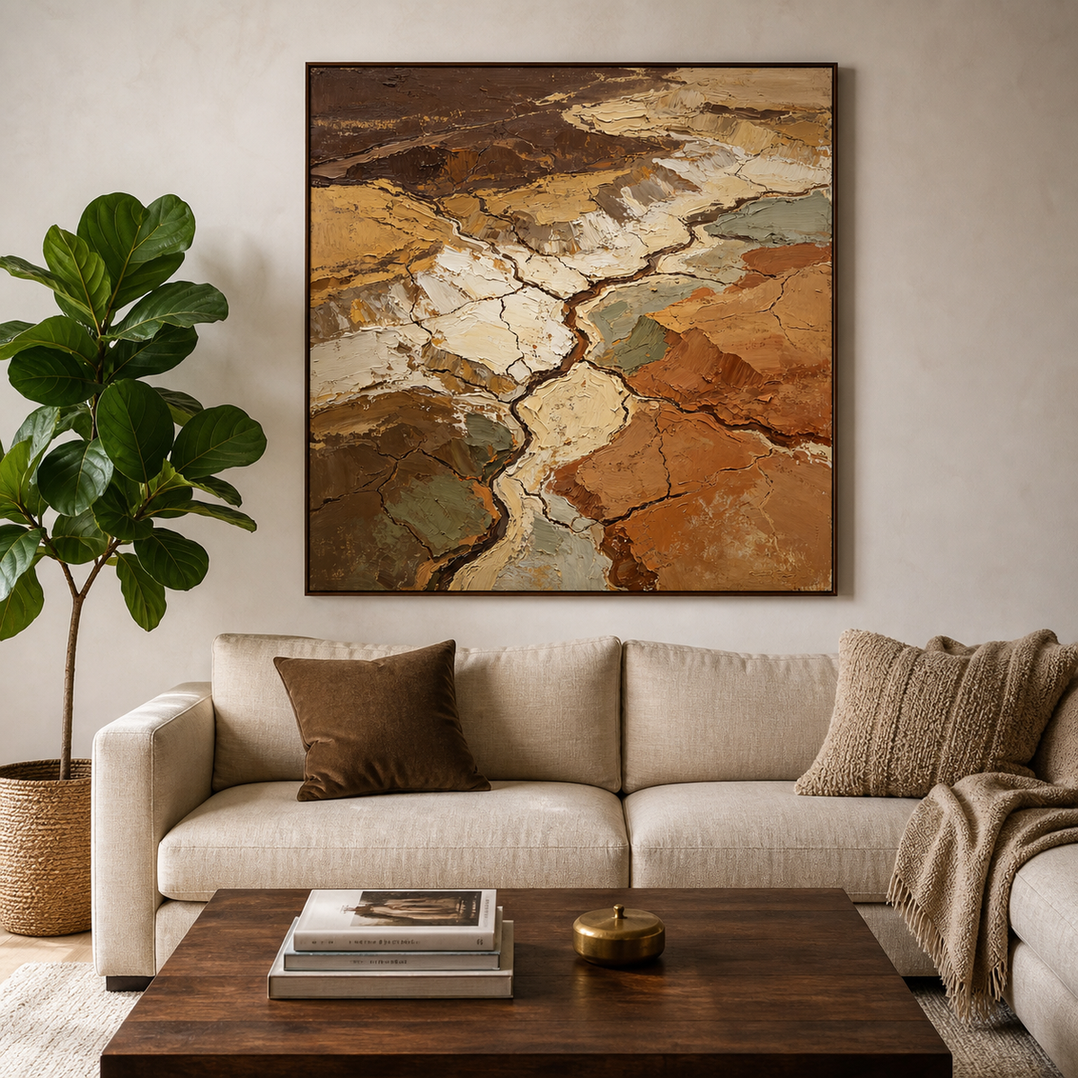 Earth-tone textured abstract wall art featuring cracked geological forms in cream, ochre, rust, olive, taupe, and brown.