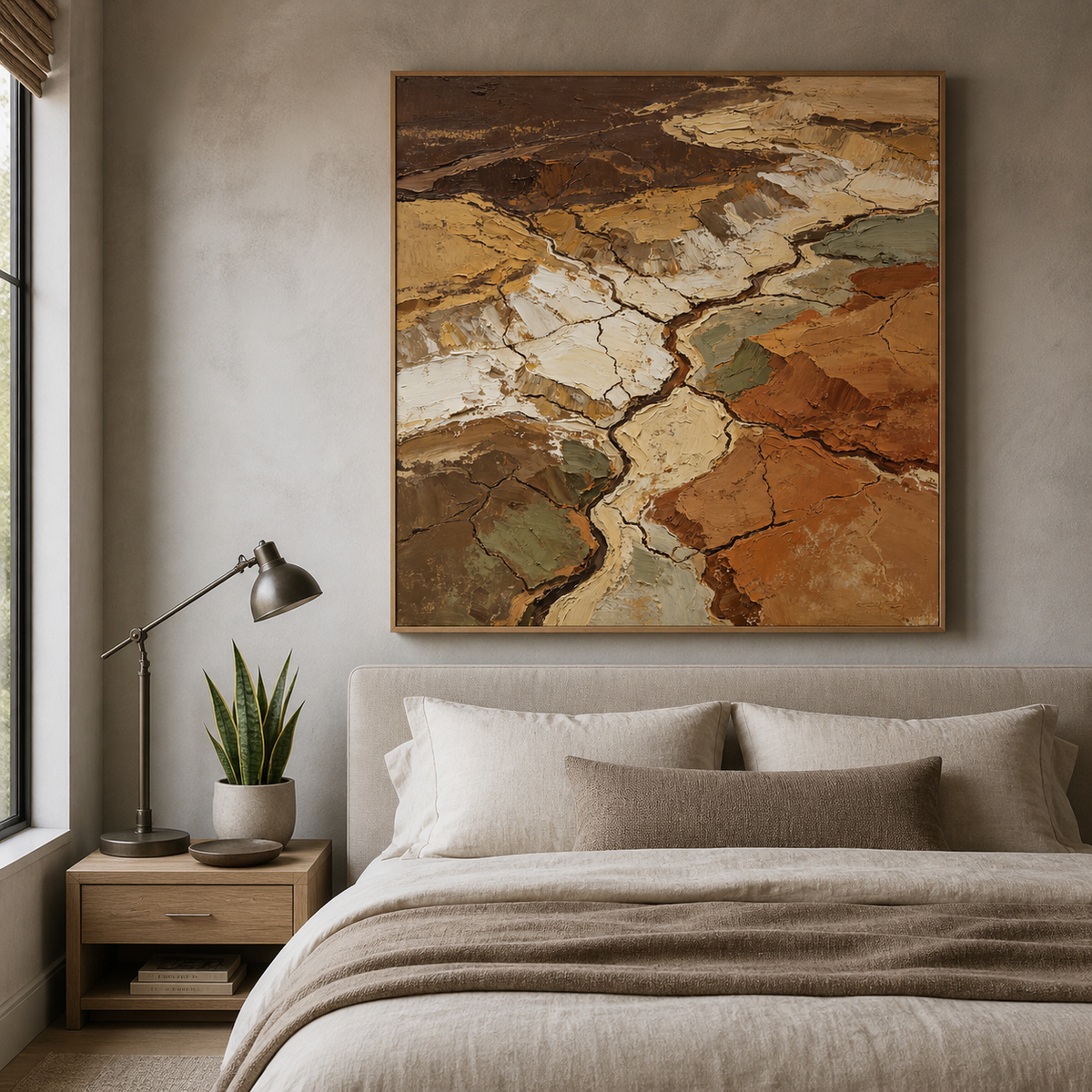 Earth-tone textured abstract wall art featuring cracked geological forms in cream, ochre, rust, olive, taupe, and brown.