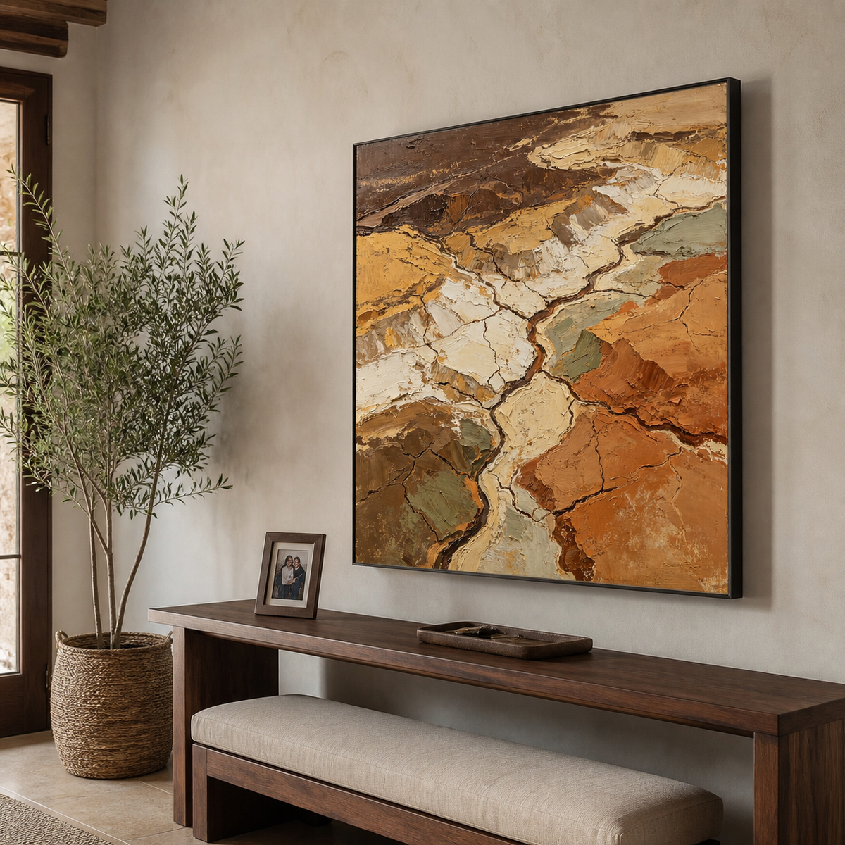 Earth-tone textured abstract wall art featuring cracked geological forms in cream, ochre, rust, olive, taupe, and brown.