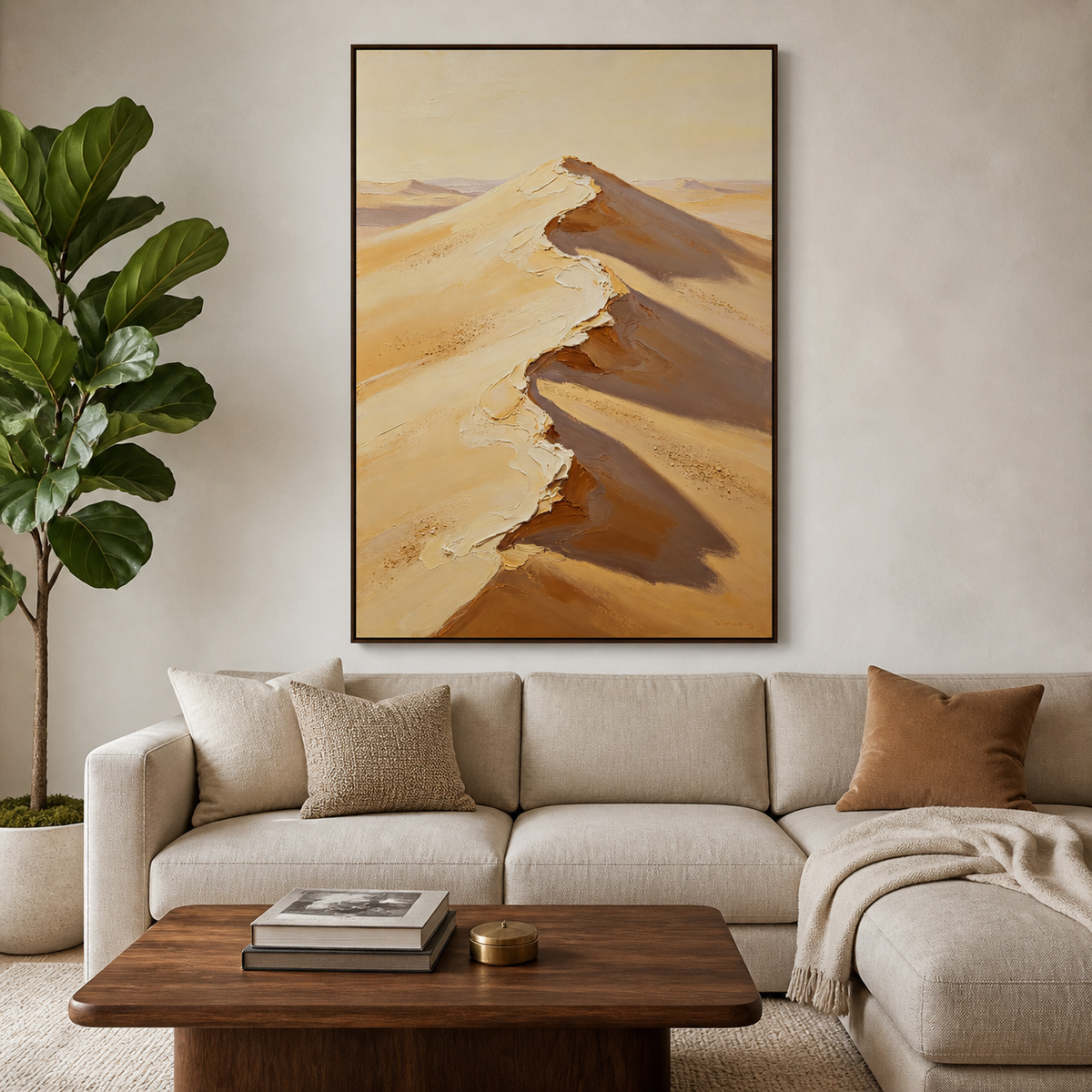Vertical desert landscape wall art featuring a sunlit sand-dune ridge with cream highlights and deep brown shadows.