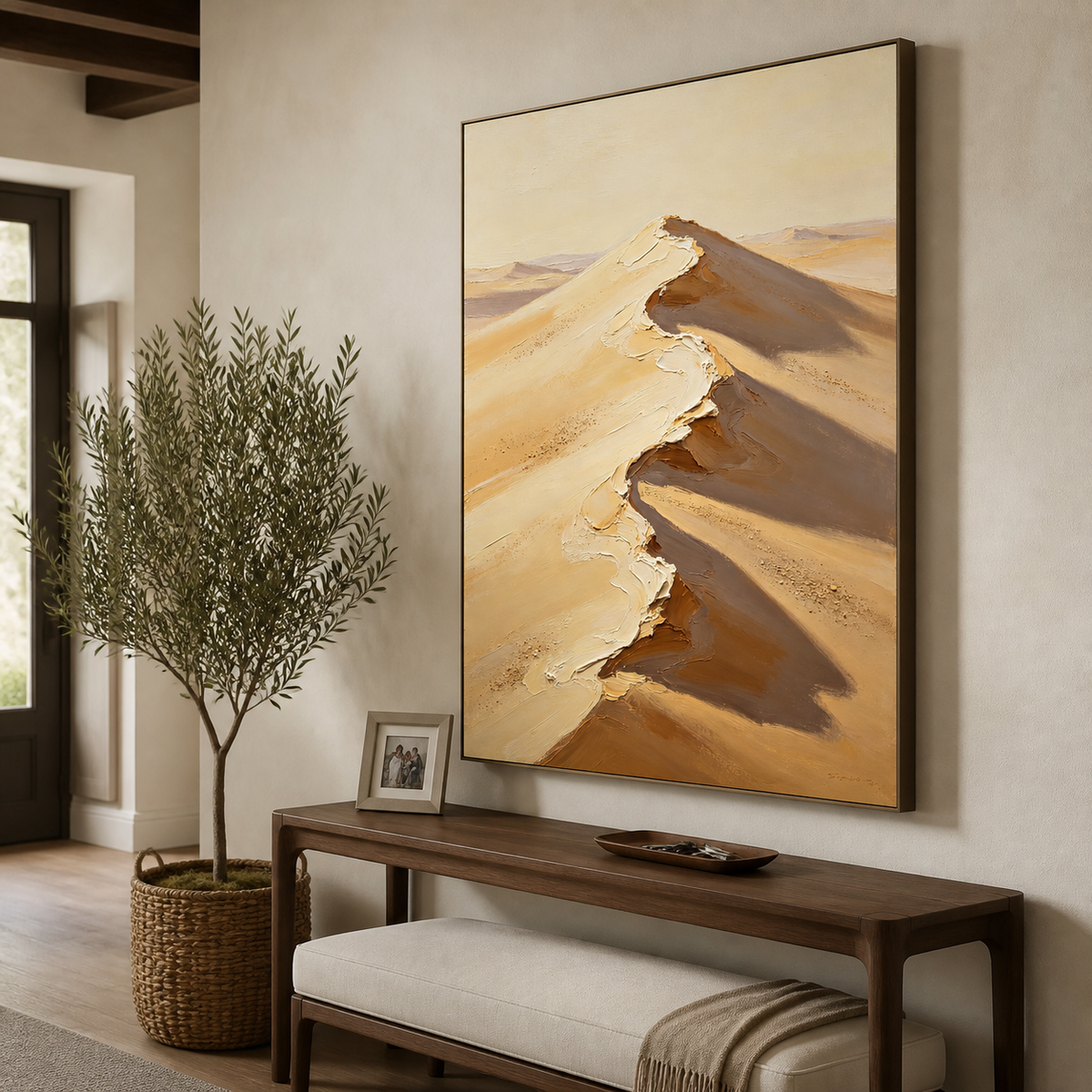 Vertical desert landscape wall art featuring a sunlit sand-dune ridge with cream highlights and deep brown shadows.