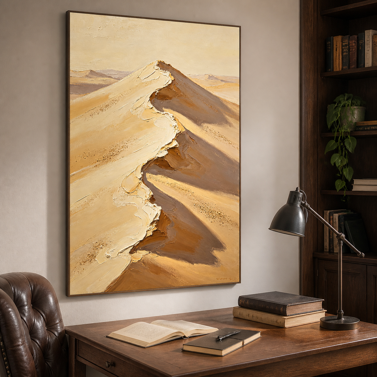 Vertical desert landscape wall art featuring a sunlit sand-dune ridge with cream highlights and deep brown shadows.