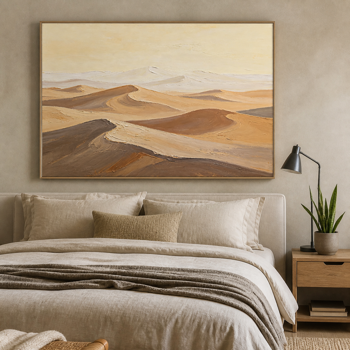 Neutral desert landscape wall art featuring layered cream, beige, taupe, and brown sand dunes beneath a pale sky.