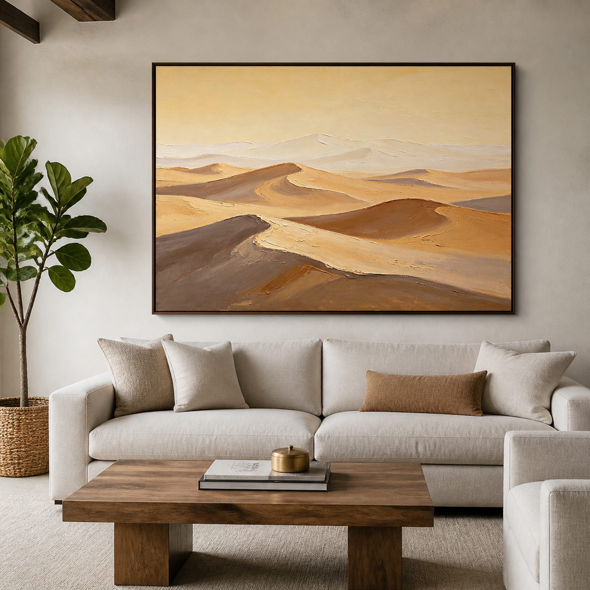 Neutral desert landscape wall art featuring layered cream, beige, taupe, and brown sand dunes beneath a pale sky.
