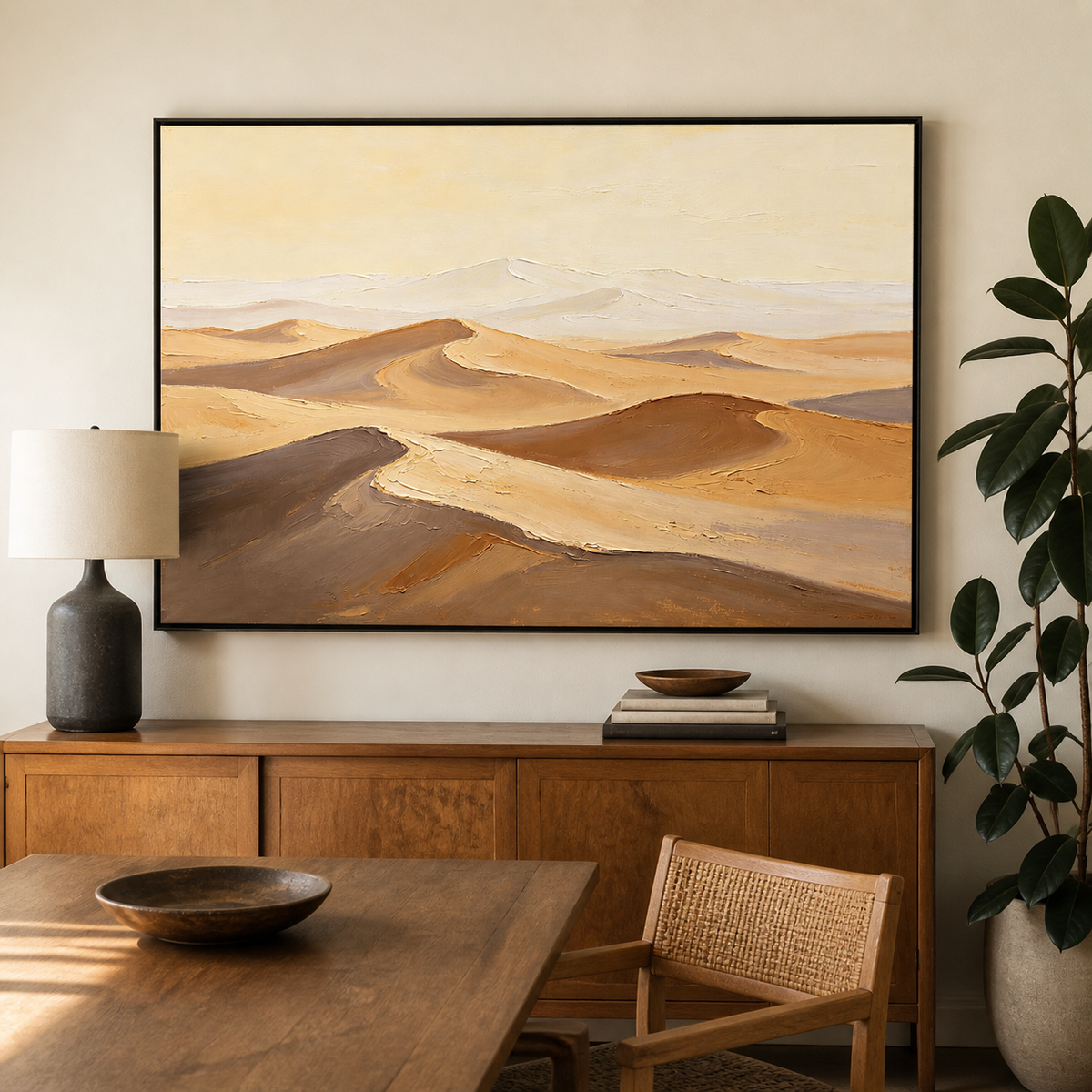 Neutral desert landscape wall art featuring layered cream, beige, taupe, and brown sand dunes beneath a pale sky.